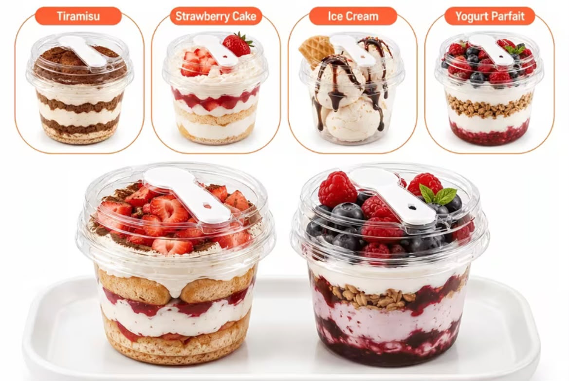 Round Dessert Tub with Lid and Spoon (Pack of 10pcs)