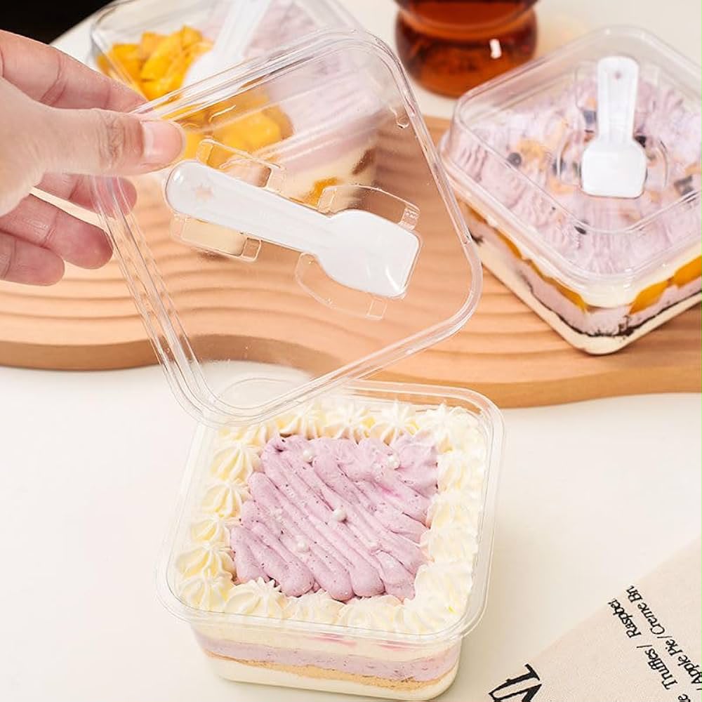 Square Dessert Tub with Lid and Spoon (Pack of 10pcs)